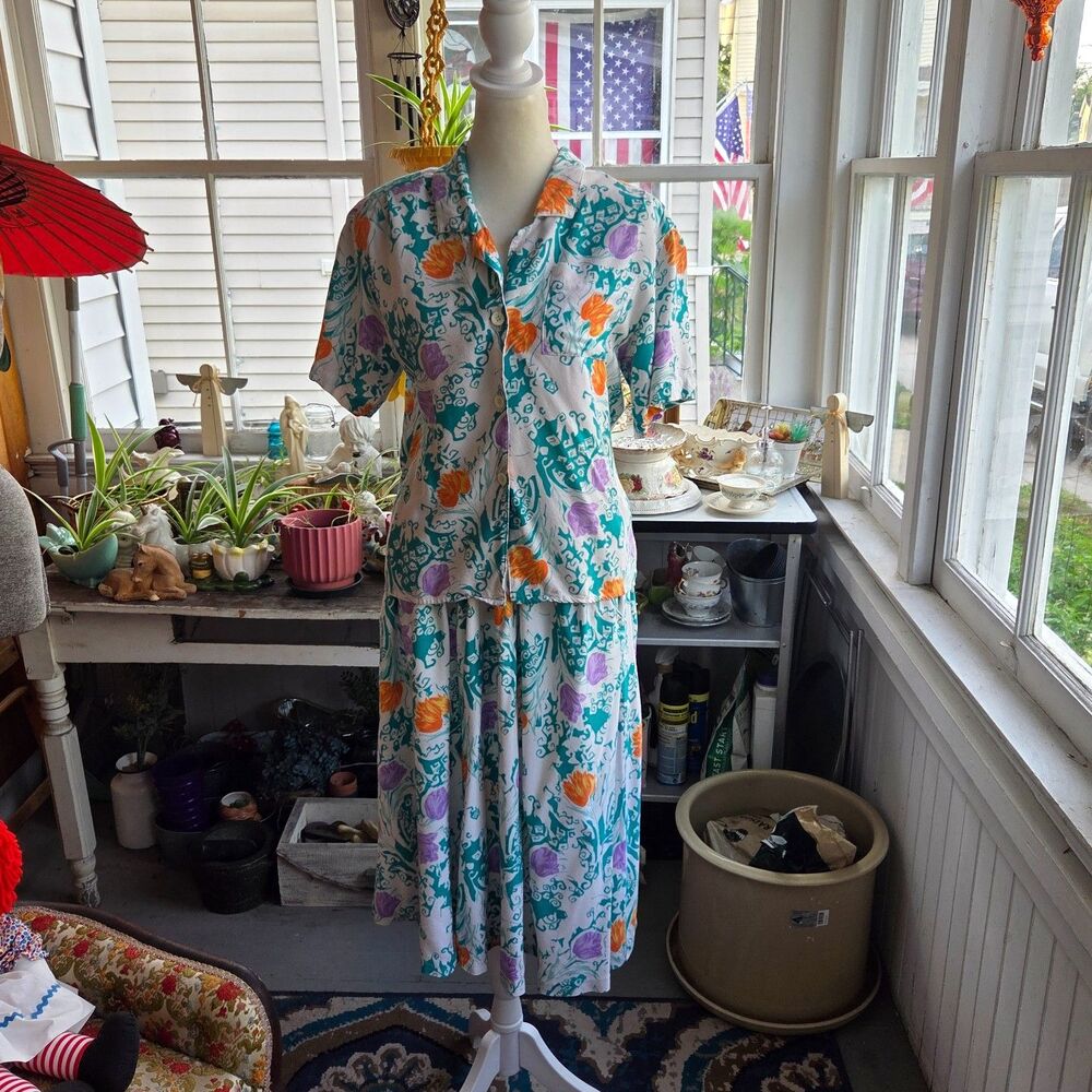 Vintage 80s That’s Me Floral Rayon 2 Piece Shirt Skirt Set Size M